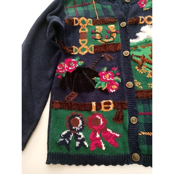 VTG Equestrian Hand Embroidered Cotton Knit Cardigan Navy Sz S/P - Picture 9 of 10